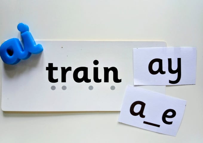 Train word card with four sound dots, alongside ai magnetic letters and ay and a-e spelling cards.